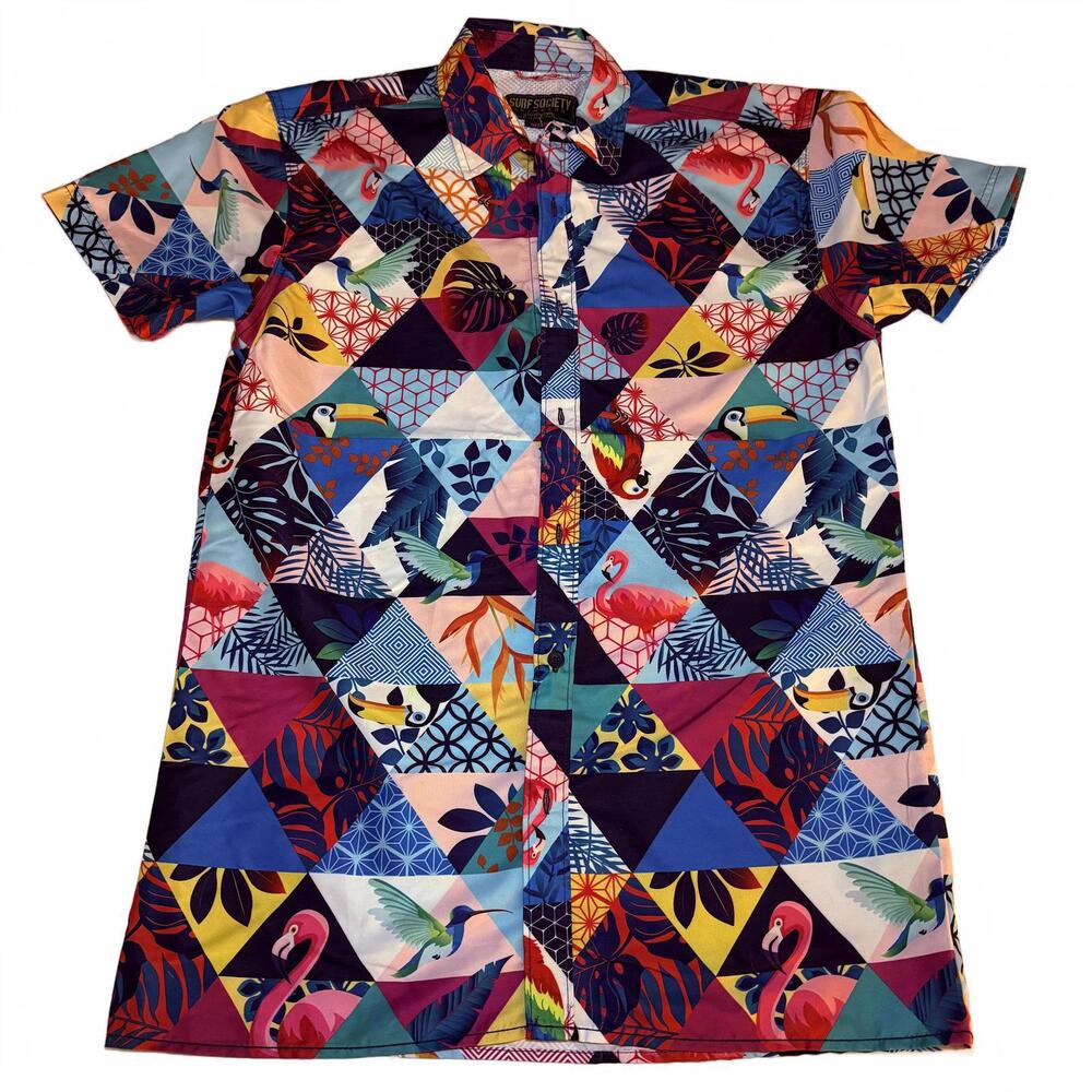 SURF SOCIETY Swimwear SHIRT Mens medium, color block Beach Short sleeve tropical